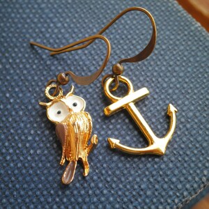 Vintage Owl & Brass Anchor Charm Mismatched Dangle Earrings Retro Woodland Owl Nautical Anchor Dangles Owl Lovers Jewelry Gift for Her image 1