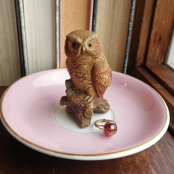 Owl Ring Dish. Pale Pink & White Vintage China Ring Plate - Retro Woodland Owl Trinket / Jewelry Storage Dish - Boho Owl Home Decor Eco Gift