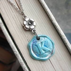 Letter K Initial Charm Necklace - Hand Painted Letter K Wax Stamp Style Pendant - Blue & Silver Initial K + Flower Personalized Jewelry Gift