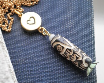 Wood Owl Charm Necklace – Stamped Heart Pendant, Boho Animal Totem