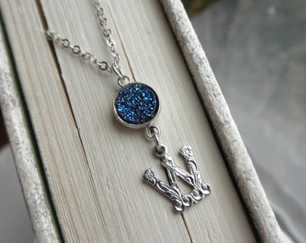 Silver Letter W Charm Necklace - Initial W Pendant Personalized Jewelry Gift - Blue Druzy Stone Charm + Ornate Letter W Everyday Necklace