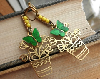 Flowers & Butterflies Dangle Earrings - Brass Flower Pot + Green Butterfly + Vintage Yellow Charm Boho Dangles - Plant Jewelry Gift For Her