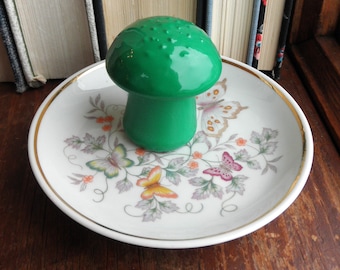 Vintage Avon China Ring Dish, Green Mushroom, Butterfly Floral Plate