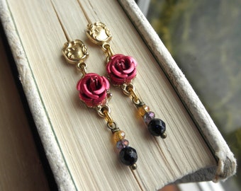 Vintage Rose Beaded Dangle Post Earrings - Brass Studs + Hot Pink Flowers & Glass Beads Stud Drop Earrings - Retro Floral Jewelry Eco Gift