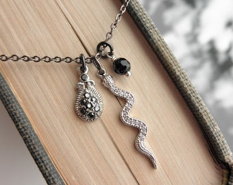 Snake Necklace - Silver Pave Crystal Snake & Black Rhinestone Charm Necklace - Boho Layering Necklace - Snake Lovers Jewelry Gift For Her