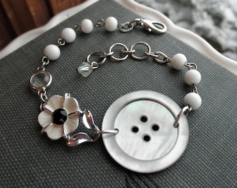 Vintage Button Bracelet - White Flower & Mother of Pearl Button Beaded Bracelet - Retro Boho Shell + Glass + Crystal Bracelet / Jewelry Gift