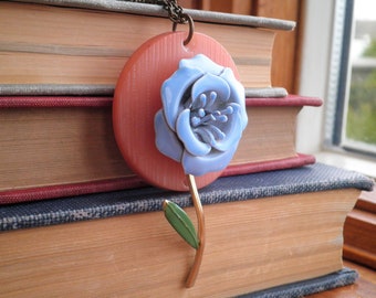 Vintage Blue Enamel Flower Statement Necklace  - Up-Cycled Retro Button & Floral Brooch Garden Bib Pendant - Big Blue Rose Boho Jewelry Gift