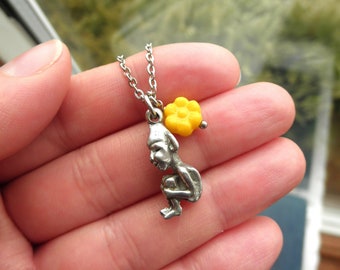 Vintage Elf Charm Necklace - Sterling Silver Pixie / Imp & Yellow Flower - Lucky Elf Floral Charm Necklace Everyday Retro Jewelry Eco Gift