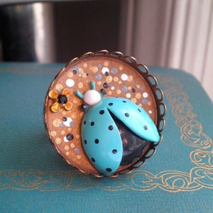 Vintage Ladybug Statement Ring, Enamel Insect Cocktail Ring, Retro Blue Lady Bug Pointillism Dot Art Jewelry Eco Gift, Garden Tea Party Ring