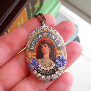 Cameo Statement Necklace - Cigar Label Cameo Art Collage Necklace - Up-cycled Vintage Paper Ephemera Lady Pendant - Eco Jewelry Gift for Her
