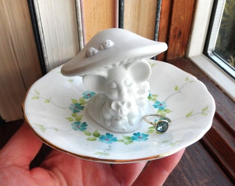 Mushroom Ring Dish, White Mushroom & Mice + Blue Flowers Jewelry Dish / Ring Plate, Vintage Floral China Jewelry Storage Home Decor Eco Gift