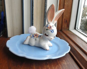 Vintage Bunny Rabbit Blue Milk Glass Ring Dish / Jewelry Plate - Floral Easter / Spring Bunny Up-Cycled Jewelry Storage Home Decor Eco Gift