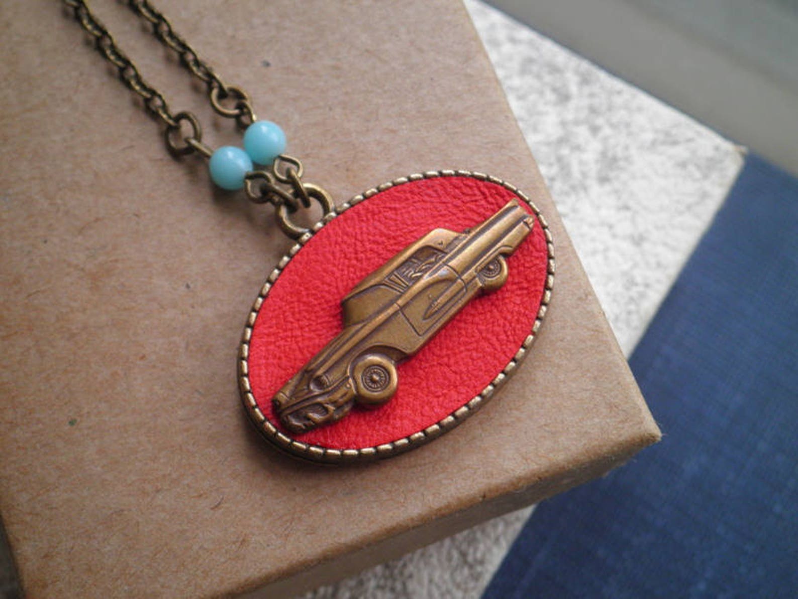 Classic Car Necklace Retro Red Leather Pin Up Girl Pendant Etsy