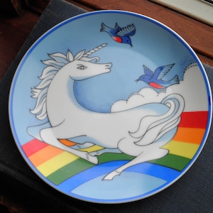 Vintage Unicorn Blue Birds & Rainbow Ring Plate / Sieraden Schotel - Retro Witte Eenhoorn Porselein Trinket Plate - Boho Sieraden Opslag Eco Gift