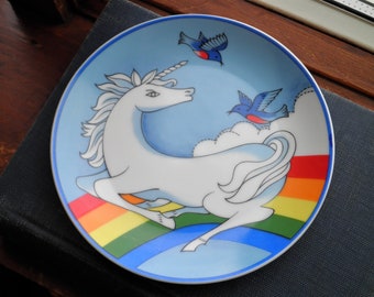 Vintage Unicorn Blue Birds & Rainbow Ring Plate / Jewelry Dish - Retro White Unicorn Porcelain Trinket Plate - Boho Jewelry Storage Eco Gift