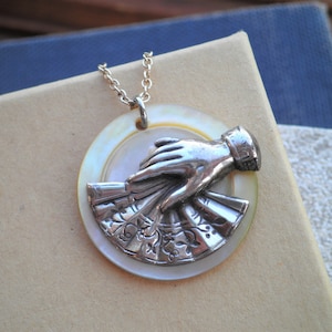 Vintage Button Necklace - Victorian Lady Hand & Fan Charm Necklace - Mother Of Pearl eco Friendly Button Jewelry Gift - Silver Hand Pendant