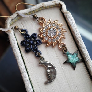 Moon Sun & Star Dangle Earrings - Silver Crescent Moon + Celestial Charms Mismatched Dangle Earrings - Boho Mixed Metal Dangles Jewelry Gift