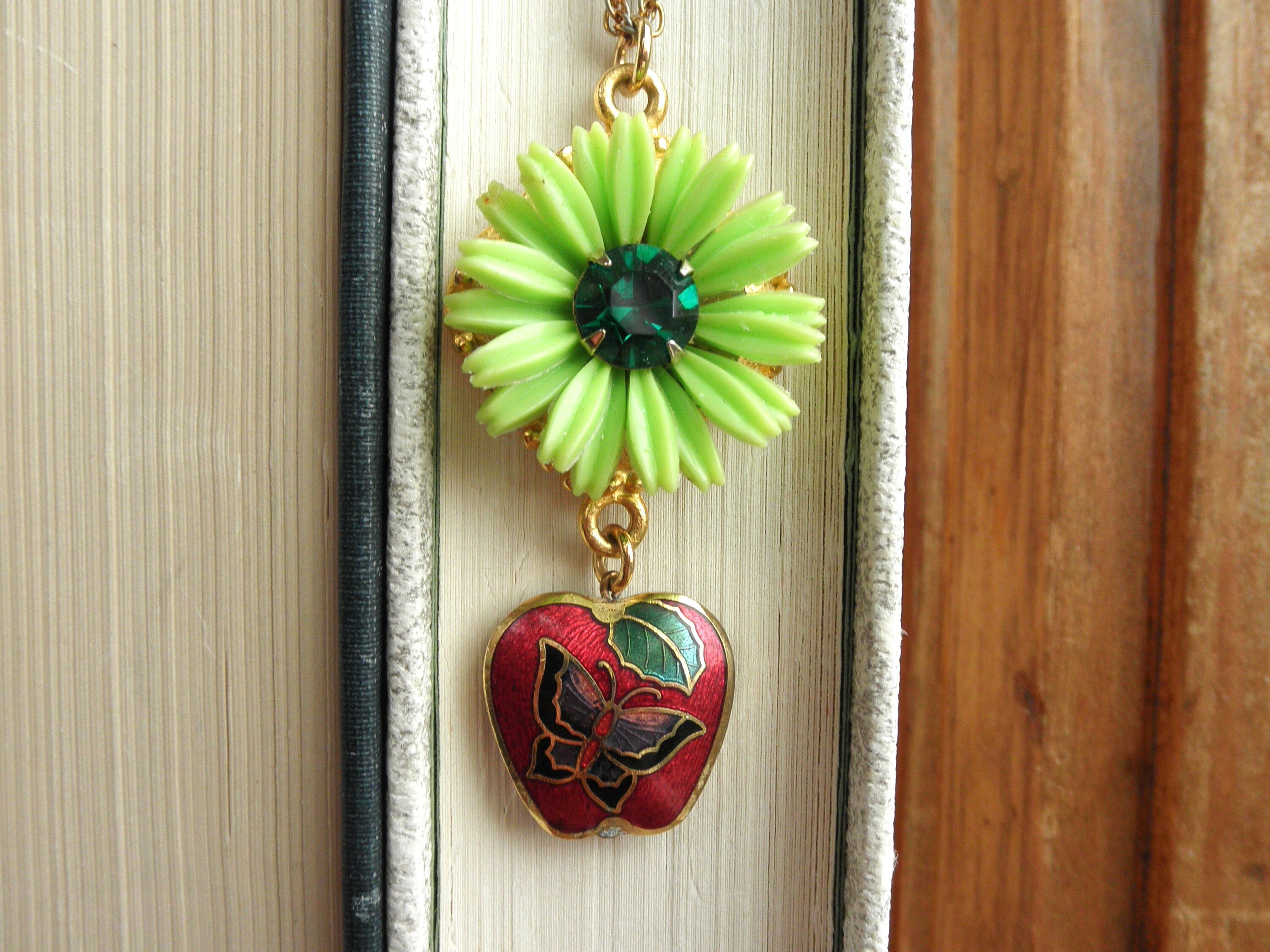 Vintage Green Flower & Cloisonne Apple W/ Butterfly Design