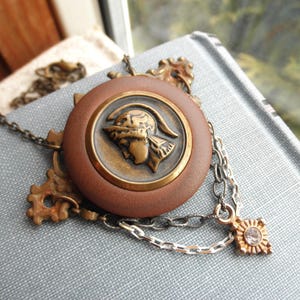 Vintage Button Cameo Necklace - Rustic Metal Key Plate Gladiator Button Pendant - Soldier Button Assemblage Jewelry Gift - Boho Bib Necklace