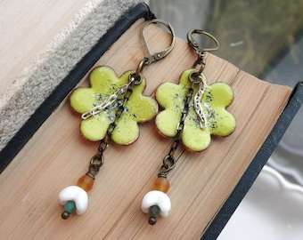 Vintage Flower Earrings - Yellow Enamel Daisy Charm + White Czech Glass Flower Boho Dangles - Beads Chains & Charms Retro Dangle Earrings