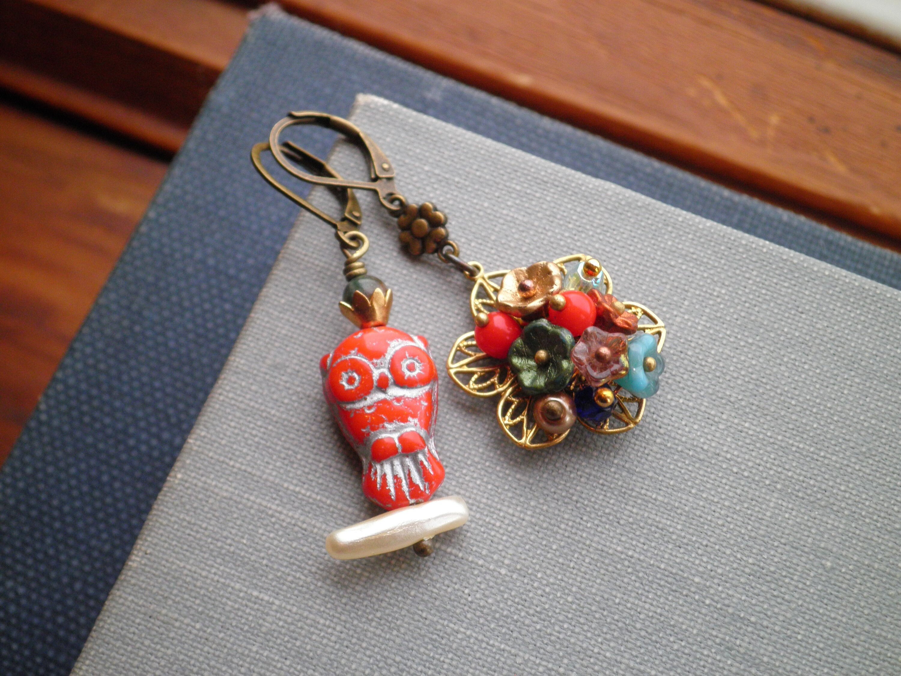 Glass Owl & Flowers Dangle Earrings - Bohemian Glass Bead Dangles - Miniature Red Owl Boho Misma