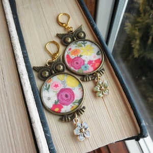 Floral Owl Statement Earrings. Owls Paper Ephemera & Vintage Enamel Flower Charm Dangles. Owl Lover's Dangle Earrings Jewelry Gift For Her image 5