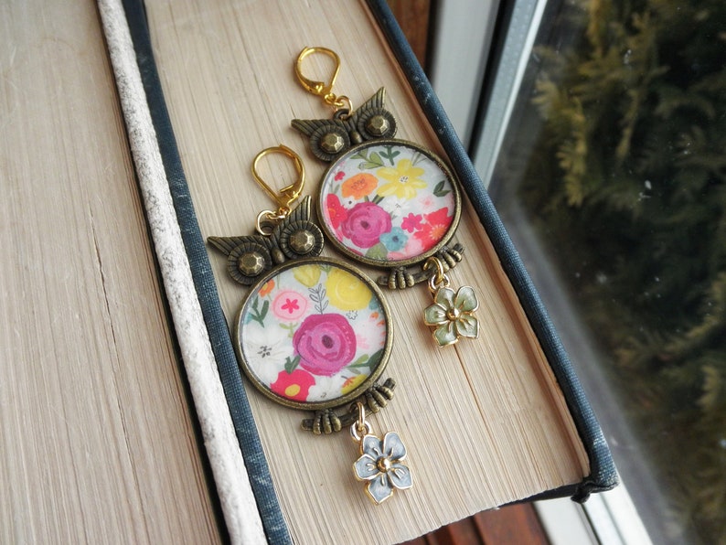 Floral Owl Statement Earrings. Owls Paper Ephemera & Vintage Enamel Flower Charm Dangles. Owl Lover's Dangle Earrings Jewelry Gift For Her image 5