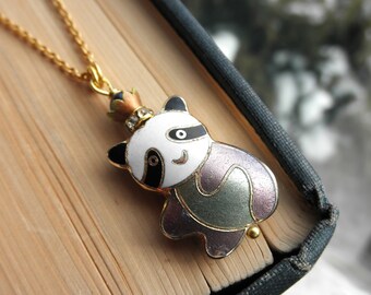 Panda Queen Charm Necklace - Vintage Cloisonne Everyday Panda Bear Pendant - Enamel Panda Bead + Crown - Animal Totem Boho Jewelry Eco Gift