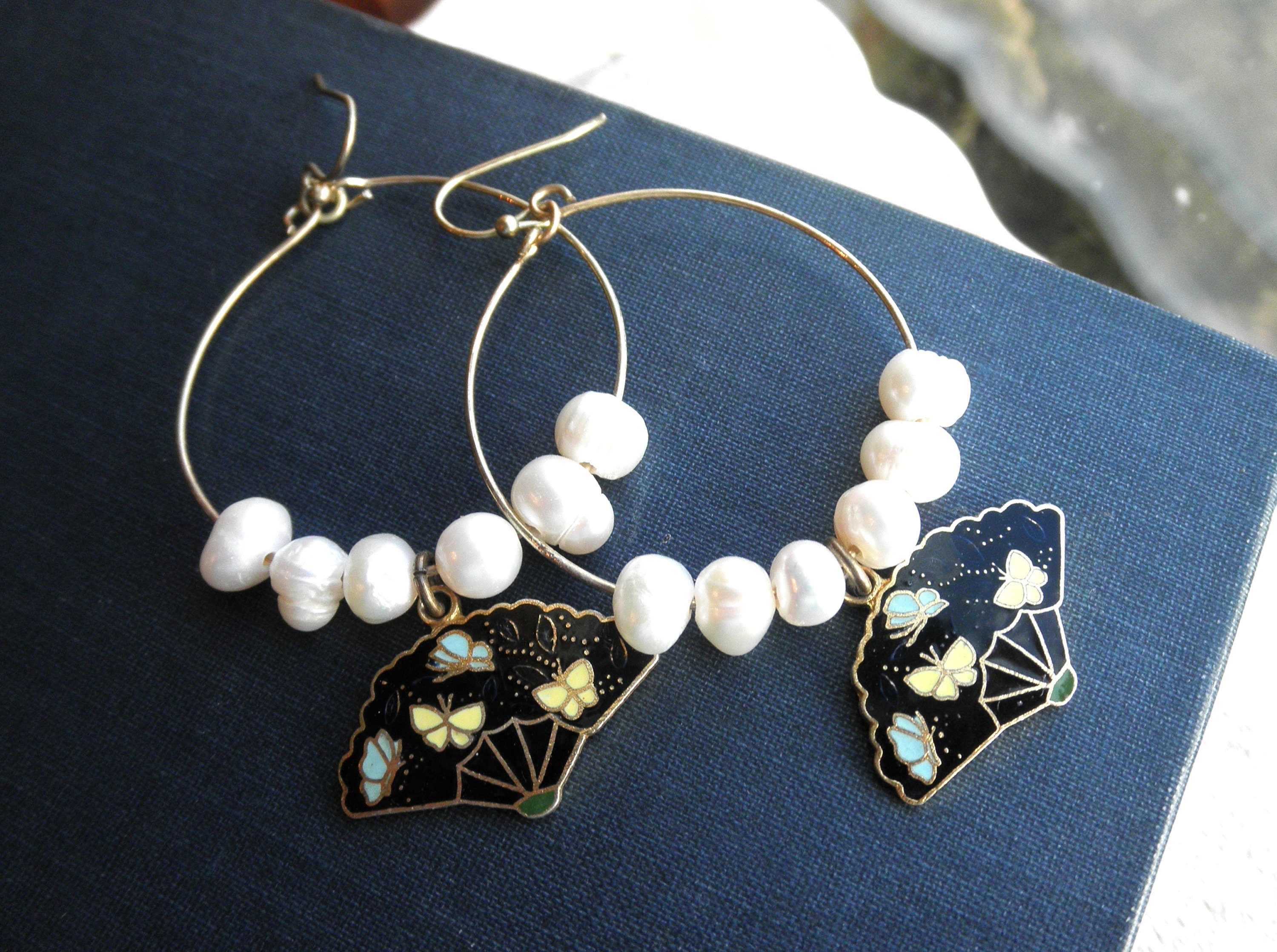 Boucles D'oreilles Anciennes Pendantes Papillons émaillés - Perles Et Pierres, Alliage Bronze