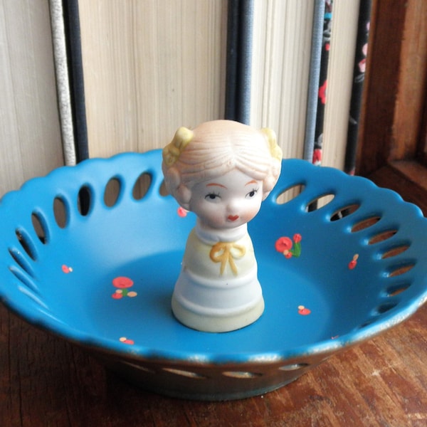 Doll Ring Dish - Porcelain Girl Figurine Jewelry Plate / Blue Jewelry Storage Dish - Retro Doll & Orange Flowers Vintage Home Decor Eco Gift