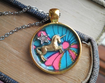 Unicorn Charm Necklace - Boho Unicorn & Star Celestial Pendant - Vintage Floral Paper Ephemera Miniature Unicorn Bohemian Art Jewelry Gift
