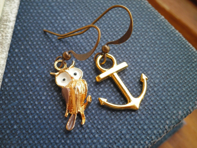 Vintage Owl & Brass Anchor Charm Mismatched Dangle Earrings Retro Woodland Owl Nautical Anchor Dangles Owl Lovers Jewelry Gift for Her image 1