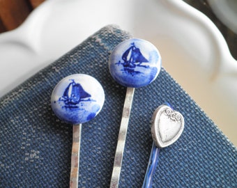Sailboat Barrette Set - Vintage Heart Button + Delft Blue Boat Cabochon Barrettes - Silver Heart Hair Accessory / Bobby Pins Eco Gift