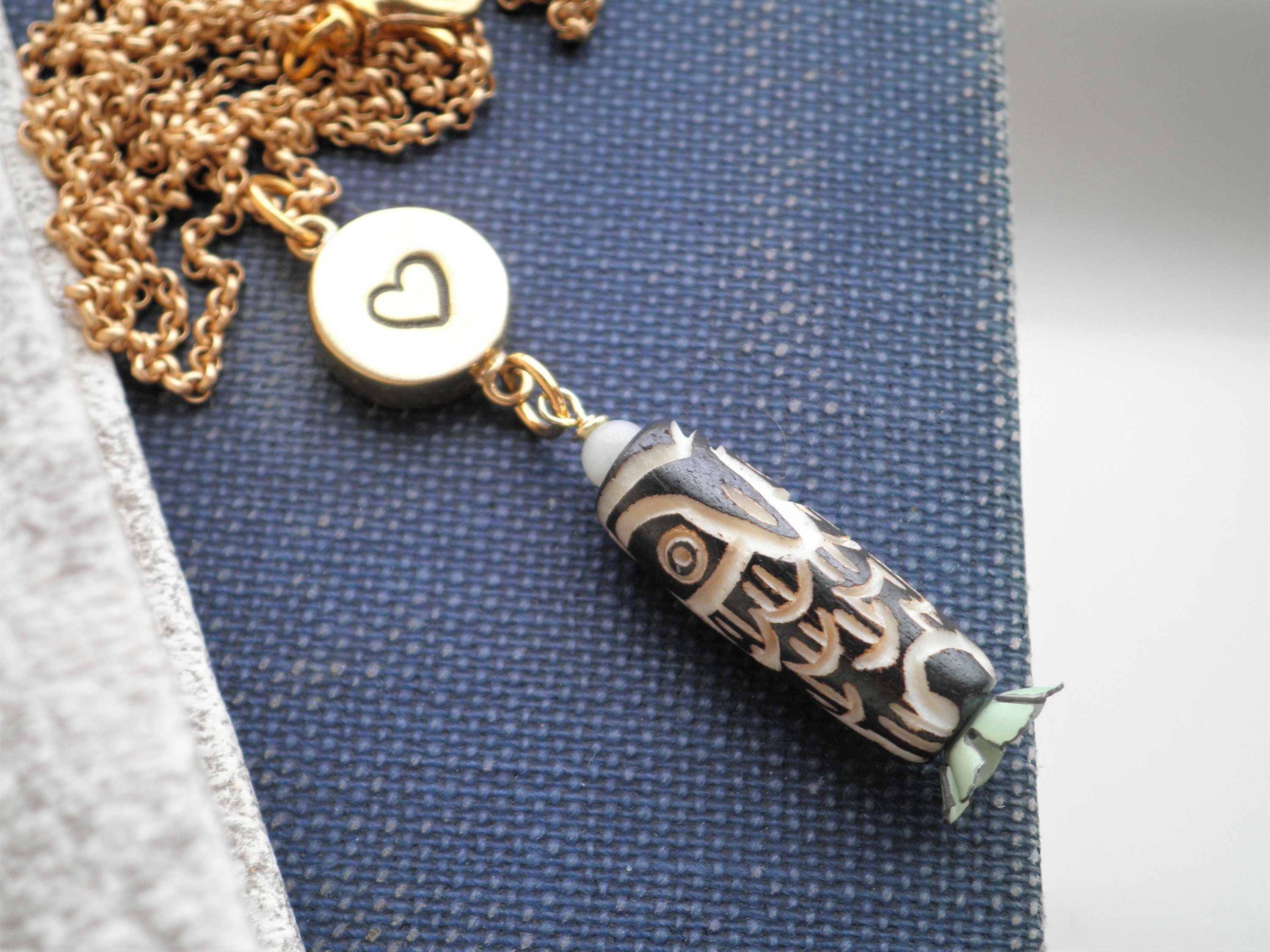 Wood Owl Charm Necklace &ndash; Stamped Heart Pendant, Boho Animal Totem