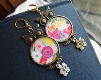 Floral Owl Statement Earrings. Owls + Paper Ephemera & Vintage Enamel Flower Charm Dangles. Owl Lover's Dangle Earrings Jewelry Gift For Her