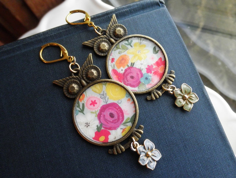 Floral Owl Statement Earrings. Owls Paper Ephemera & Vintage Enamel Flower Charm Dangles. Owl Lover's Dangle Earrings Jewelry Gift For Her image 1
