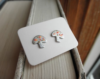 Vintage Mushroom Stud Earrings - Hand Painted Dots Silver Woodland Shrooms Post Earrings - Tiny Toadstool Polka Dot Art JewelryEco  Gift