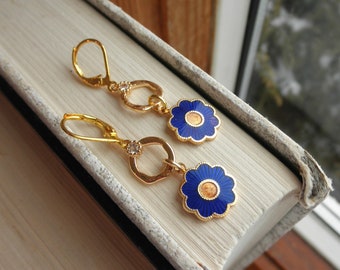 Blue Flower Dangle Earrings, Vintage Enamel Flowers + Brass & Rhinestone Hoop Charm Dangles, Boho Garden Earrings Cloisonne Jewelry Eco Gift