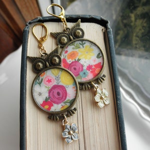 Floral Owl Statement Earrings. Owls Paper Ephemera & Vintage Enamel Flower Charm Dangles. Owl Lover's Dangle Earrings Jewelry Gift For Her image 4