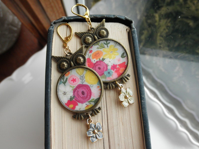 Floral Owl Statement Earrings. Owls Paper Ephemera & Vintage Enamel Flower Charm Dangles. Owl Lover's Dangle Earrings Jewelry Gift For Her image 4
