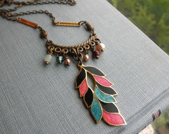 Feather Necklace - Vintage Enamel / Cloisonne Feather Charm Necklace - Boho Charms Beaded Assemblage Bib Necklace Jewelry Gift - Retro Leaf