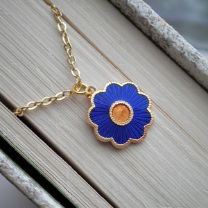 Flower Necklace - Vintage Enamel Blue Forget Me Not Charm Necklace - Everyday Layering Floral Jewelry Gift For Her - Retro Cloisonne Flower