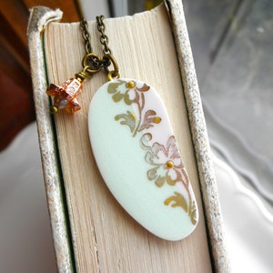 Vintage Flowers Broken China Necklace - Broken Floral China Pendant & Copper Flower Charm - Pale Pink + Mint Green + Gold China Eco Jewelry