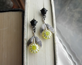 Vintage Flower Dangle Earrings - Yellow & White Flower Beads + Silver Leaves + Black Rhinestones Post Earrings - Floral Posts Jewelry Gift