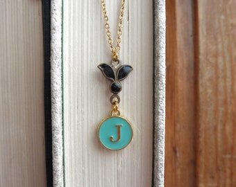 Letter J Initial Charm Necklace - Blue Enamel & Brass Letter Disc Necklace, Black Enamel Leaves Everyday Necklace Personalized Jewelry Gift