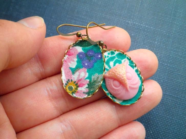 Owl Dangle Earrings - Pink Owl Head + Vintage Floral Fabric Mismatched Dangles - Retro Woodland Anim