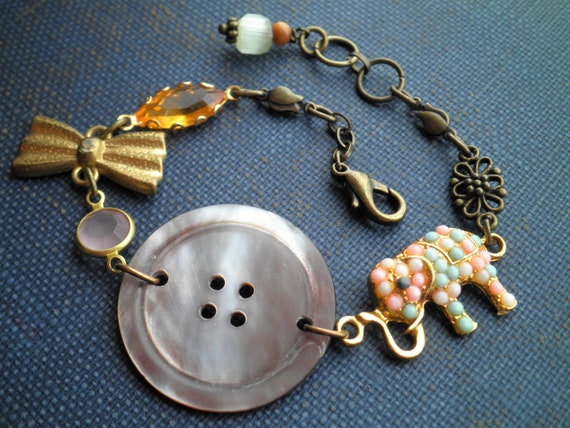 Vintage Button Bracelet: Boho Elephant, Brass Bow, Charm Link Jewelry