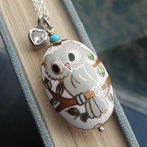Vintage Cloisonne Owl Necklace - Enamel Owl & Heart Necklace - 80s Cloisonne Owl Bead Pendant + Crystal Heart Charm Necklace Jewelry Gift