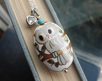 Vintage Cloisonne Owl Necklace - Enamel Owl & Heart Necklace - 80s Cloisonne Owl Bead Pendant + Crystal Heart Charm Necklace Jewelry Gift