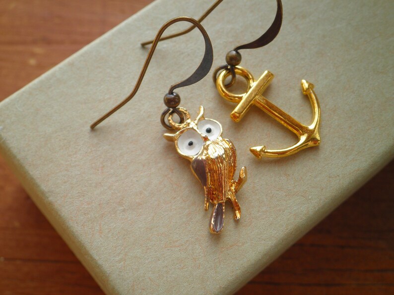 Vintage Owl & Brass Anchor Charm Mismatched Dangle Earrings Retro Woodland Owl Nautical Anchor Dangles Owl Lovers Jewelry Gift for Her image 5